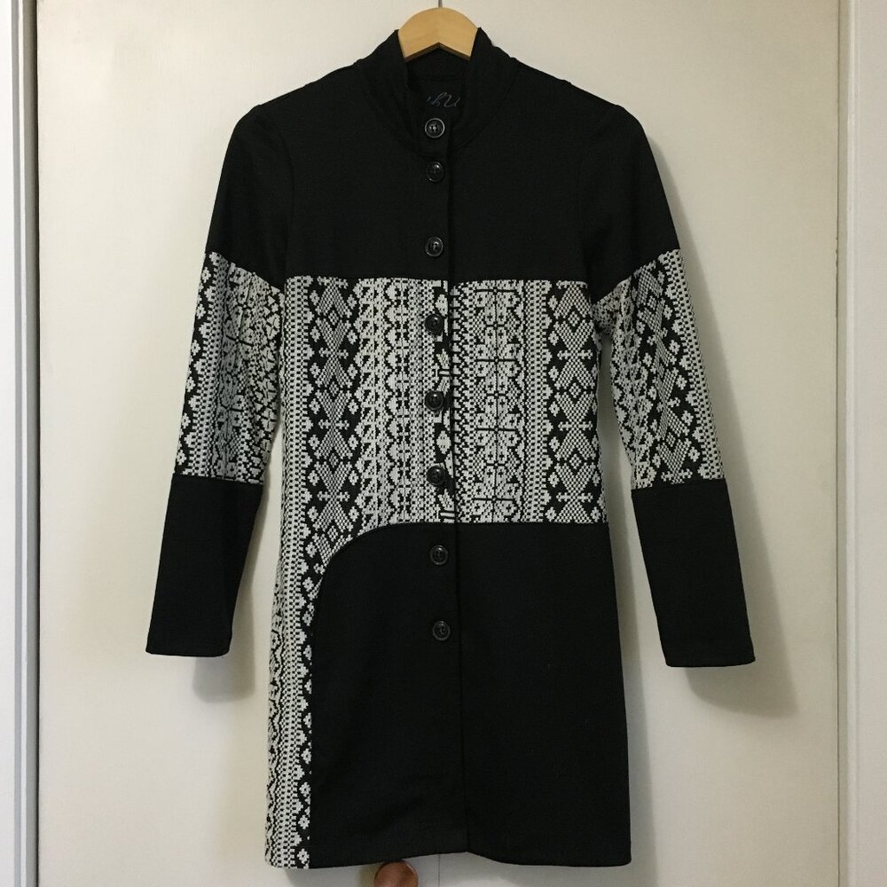 Vintage UBU Canada Black White Brocade Tapestry Cardigan - Art To Wear